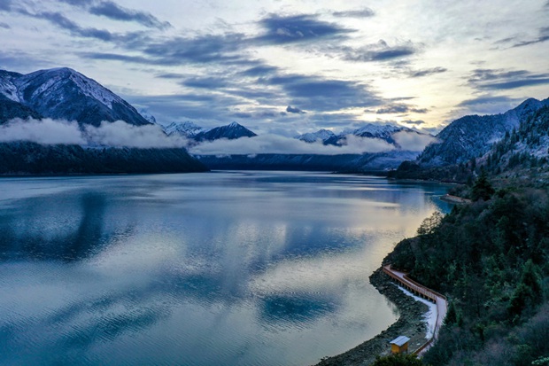 Scenery of Basum Lake after snow in Nyingchi, SW China