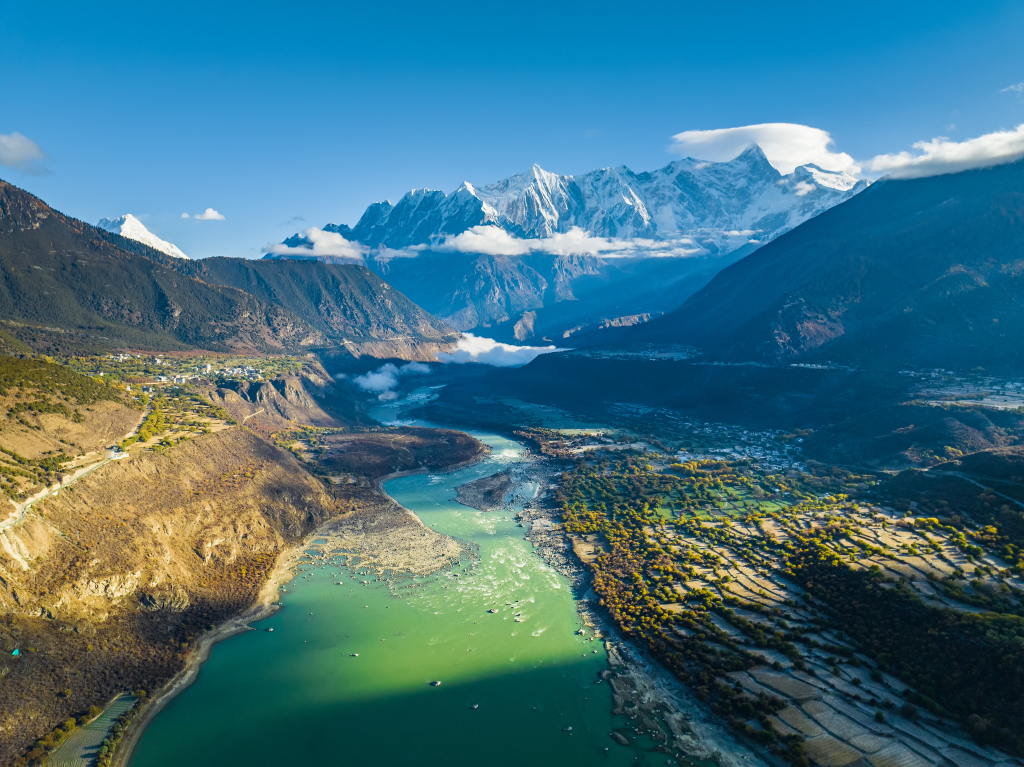 Snow-capped mountains atop golden forest in world