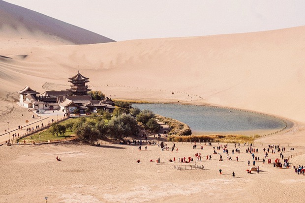 Desert scenery of Mingsha Mountain and Crescent Spring in Dunhuang