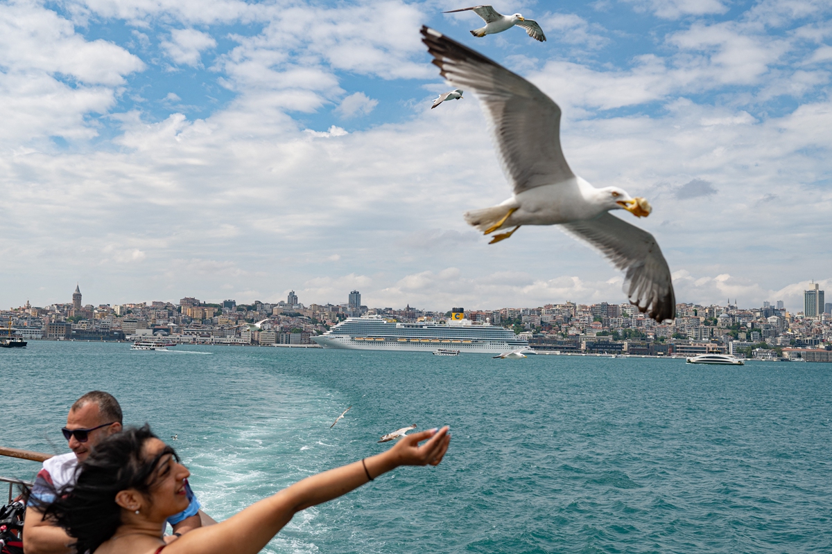 Bystanders feed seagulls and watch a Costa Venezia cruise ship in Galataport, Istanbul, on June 6, 2022. Photo: AFP